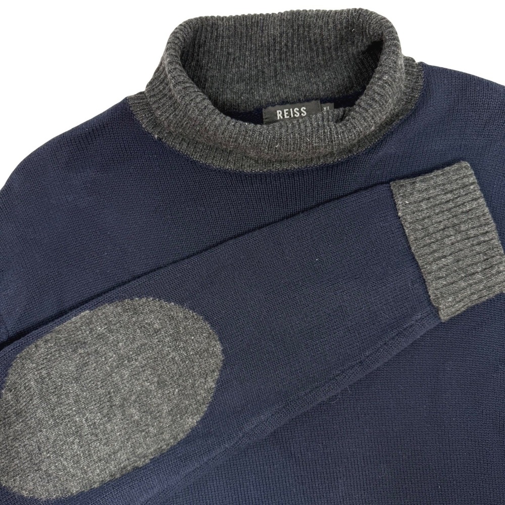 Reiss Mens XL Navy Blue Cotton Lambswool Cashmere Turtleneck Elbow Patch Sweater